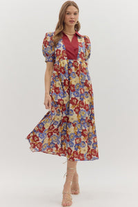 ENTRO Floral Cuff Band Accent Collar Midi Dress In Burgundy