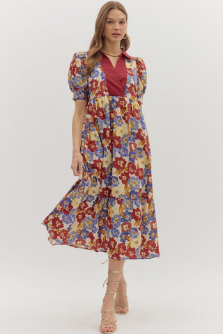 ENTRO Floral Cuff Band Accent Collar Midi Dress In Burgundy
