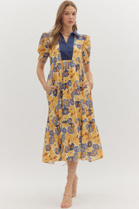 ENTRO Floral Cuff Band Accent Collar Midi Dress In Navy