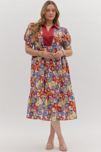 ENTRO Floral Cuff Band Midi Dress In Burgundy PLUS Sizes *COMING SOON*