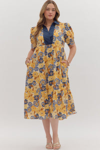 ENTRO Floral Cuff Band Midi Dress In Navy PLUS Sizes *COMING SOON*