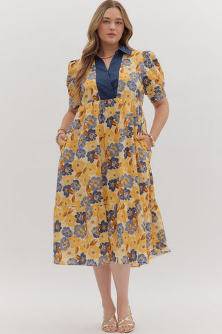 ENTRO Floral Cuff Band Midi Dress In Navy PLUS Sizes *COMING SOON*