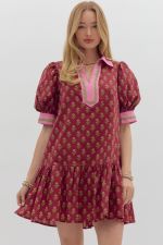 ENTRO Bubble Sleeve Ruffle Trim Mini Dress In Burgundy