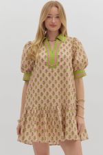 ENTRO Bubble Sleeve Ruffle Trim Mini Dress In Ecru