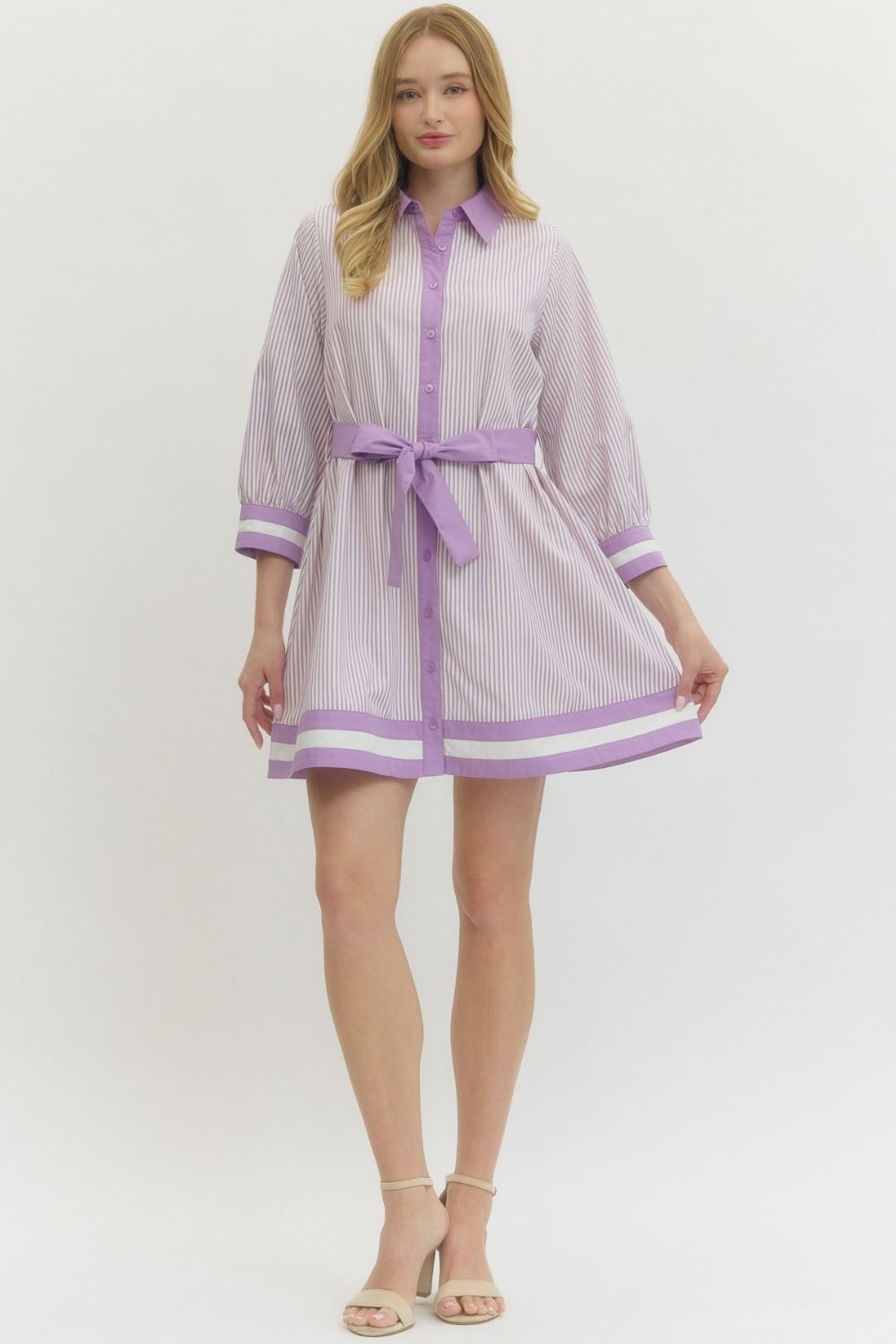 Entro Striped 3/4 Sleeve Mini Dress In Lavender