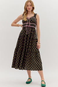 ENTRO Bow Front Tiered Midi Dress In Black *COMING SOON*