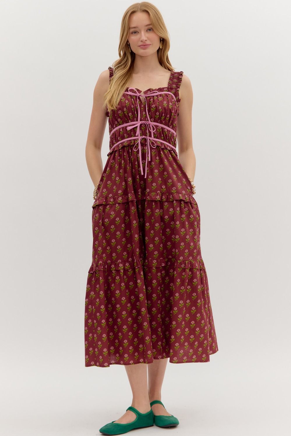 ENTRO Bow Front Tiered Midi Dress In Burgundy