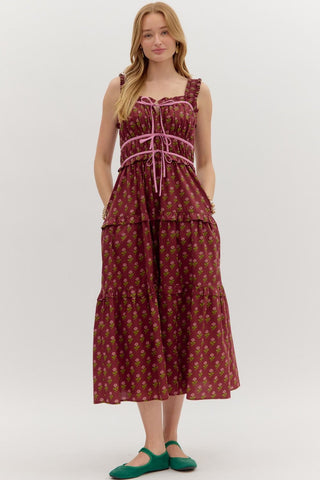 ENTRO Bow Front Tiered Midi Dress In Burgundy *COMING SOON*