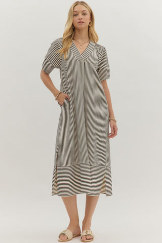 Entro Striped Pullover Midi Dress In Black *COMING SOON*