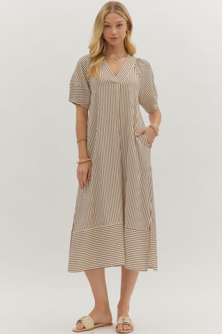 Entro Striped Pullover Midi Dress In Brown *COMING SOON*