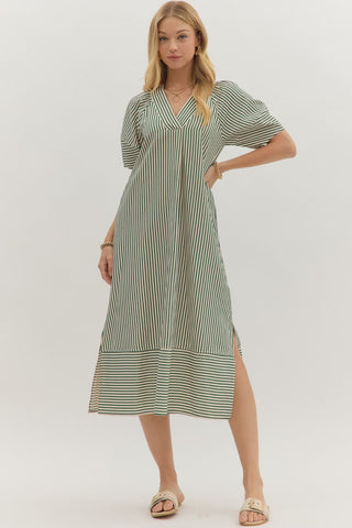 Entro Striped Pullover Midi Dress In Hunter Green  *COMING SOON*