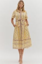 ENTRO Floral Midi Shirt Dress With Tie Waist In Ecru