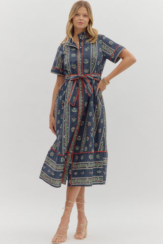 Entro Floral Tie Waist Midi Dress In Navy