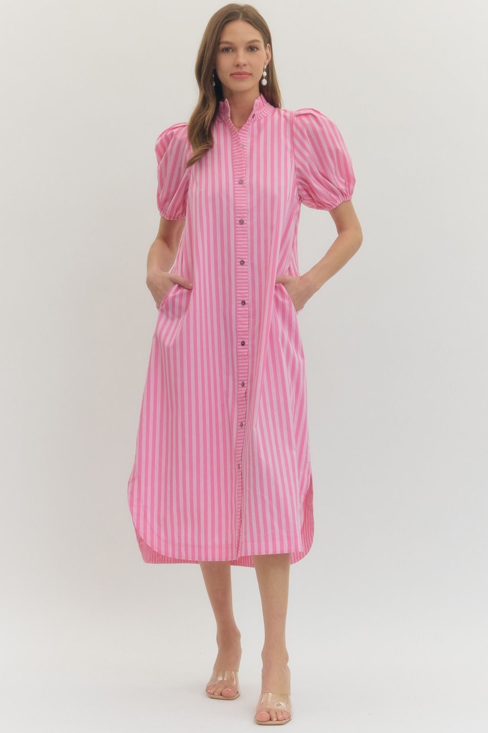 ENTRO Stripe Print Puff Sleeve Midi Dress In Light Pink