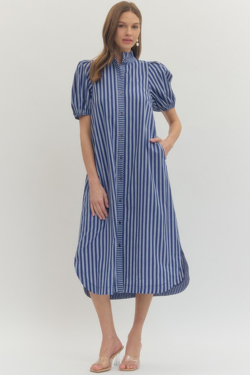 ENTRO Stripe Print Puff Sleeve Midi Dress In Navy Blue