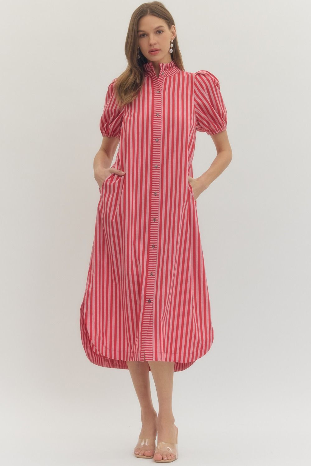 ENTRO Stripe Print Puff Sleeve Midi Dress In Red