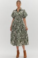 ENTRO Floral Midi Dress With Ruching Waist In Olive