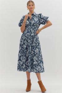 Entro Floral Midi Dress With Ruching Accented Waist In Navy