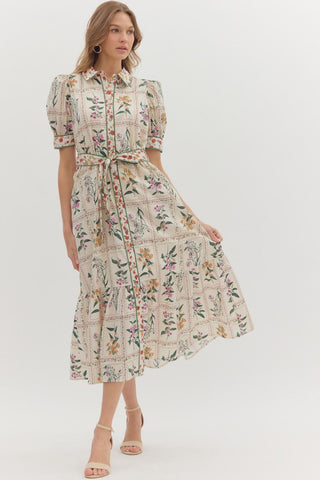 ENTRO Floral Tie Waist Midi Dress In Ecru