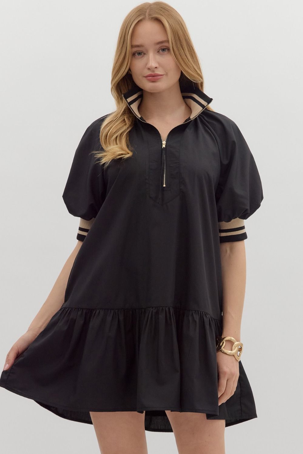 ENTRO Solid Ruffle Hem Mini Dress With Accent Band In Black