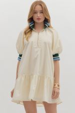 Entro Solid Puff Sleeve Accent Band Dress In Cream