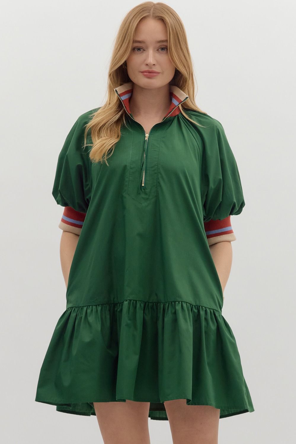 ENTRO Solid Ruffle Hem Mini Dress With Accent Band In Hunter Green