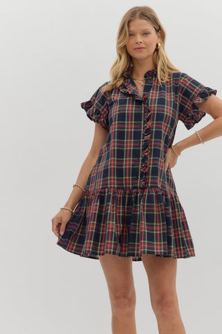 ENTRO Plaid Ruffle Accent Mini Dress In Navy