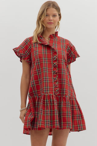 ENTRO Red Plaid Ruffle Accent Dress