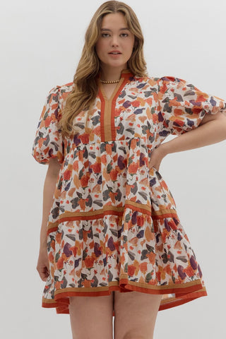 Entro Multi Floral Bubble Sleeve Pullover In Pumpkin PLUS Sizes