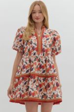 ENTRO Multi Color Bubble Sleeve Tiered Mini Dress In Pumpkin