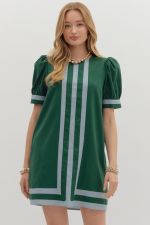 ENTRO Puff Mini Dress With Contrast Boarder In Hunter Green