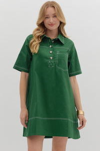 ENTRO Solid Collar Mini Swing Dress In Green