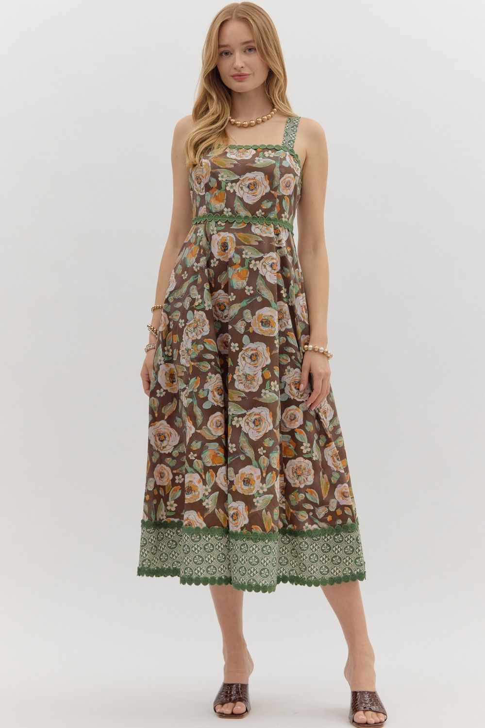 ENTRO Floral Print Adjustable Strap Midi Dress With Contract Trim In Brown