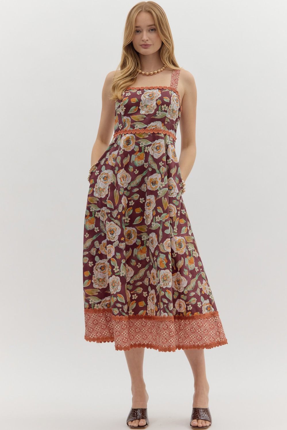 ENTRO Floral Print Adjustable Strap Midi Dress With Contract Trim In Burgundy