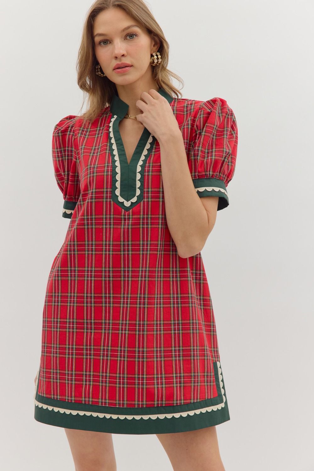 ENTRO Plaid Short Sleeve Mini Dress In Red *COMING SOON*