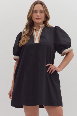 ENTRO Solid Mini Dress With Accent Band In Black PLUS Sizes