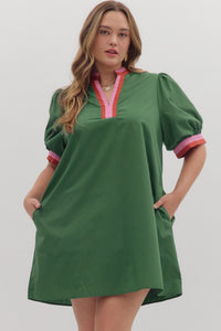 ENTRO Solid Mini Dress With Accent Band In Hunter Green PLUS Sizes