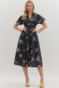 ENTRO Floral Short Sleeve Midi Dress With Smocked Waist In Black