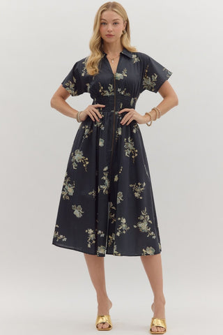 ENTRO Floral Short Sleeve Midi Dress With Smocked Waist In Black