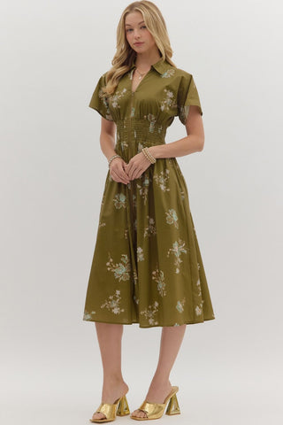 ENTRO Floral Short Sleeve Midi Dress With Smocked Waist In Olive