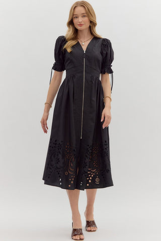 ENTRO Solid Midi Dress With Embroidered Hem In Black *COMING SOON*