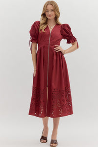 ENTRO Solid Midi Dress With Embroidered Hem In Garnet