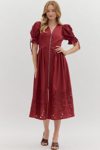 ENTRO Solid Midi Dress With Embroidered Hem In Garnet