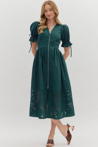 Entro Solid Midi Dress With Embroidered Hem In Teal