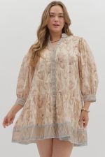 ENTRO Floral Cuff Band 3/4 Sleeve Mini Dress In Ecru IN PLUS Sizes *COMING SOON*