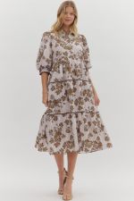 Entro Floral 3/4 Sleeve Midi Dress In Brown