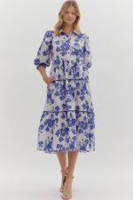 Entro Floral 3/4 Sleeve Midi Dress In Navy