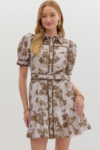 ENTRO Floral Cuff Band Mini Dress With Belt In Brown *COMING SOON*