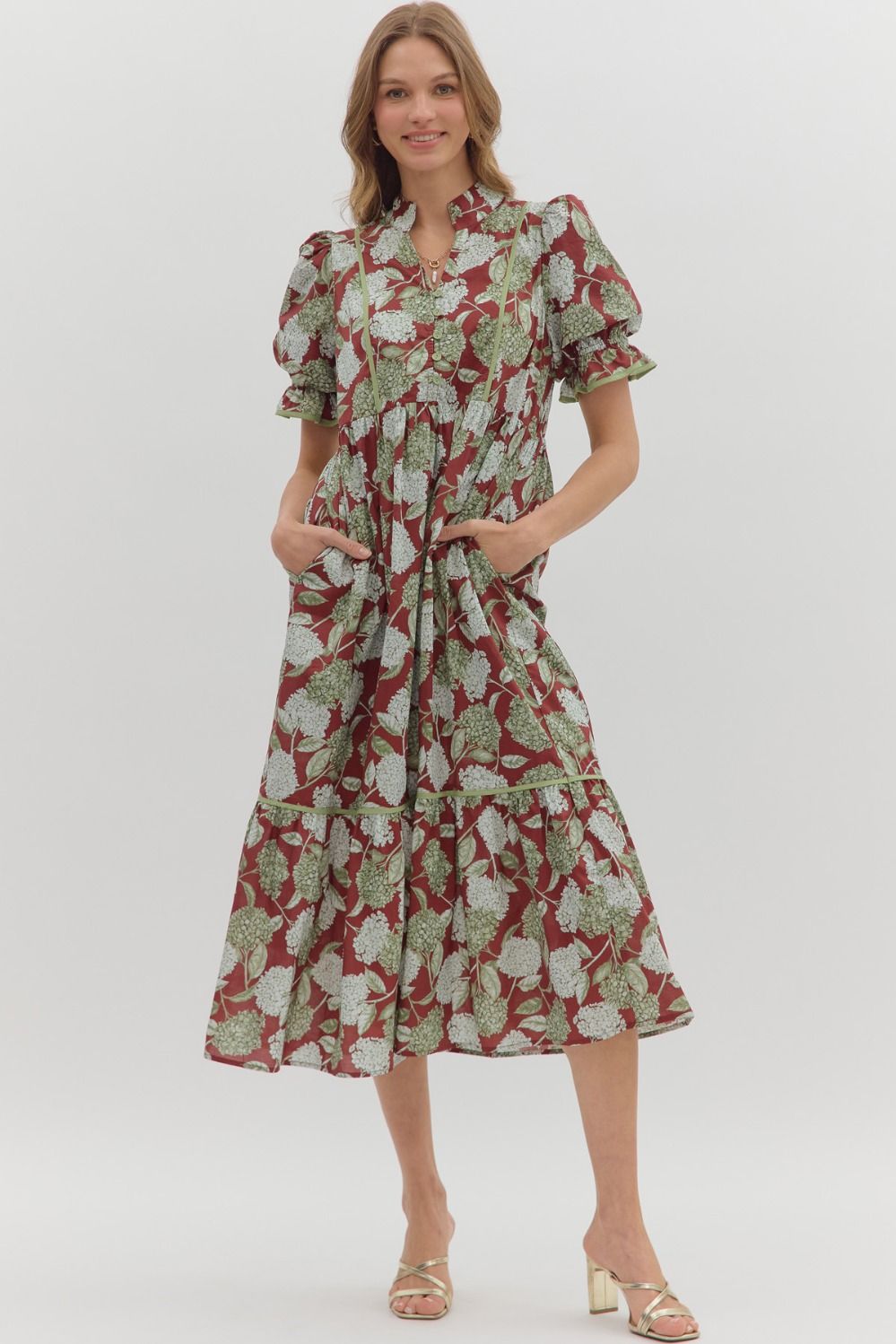 ENTRO Puff Sleeve Midi Dress in Burgundy Floral