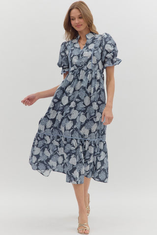Entro Floral Print Ruffle Finish Midi Dress In Navy *COMING SOON*